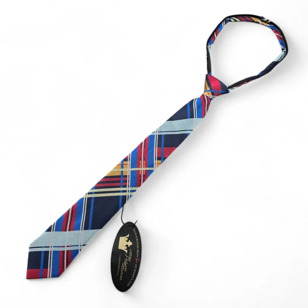 Littlest Prince Couture Boys Zipper Tie 8-11Y Multicolor Plaid Polyester 17 inch